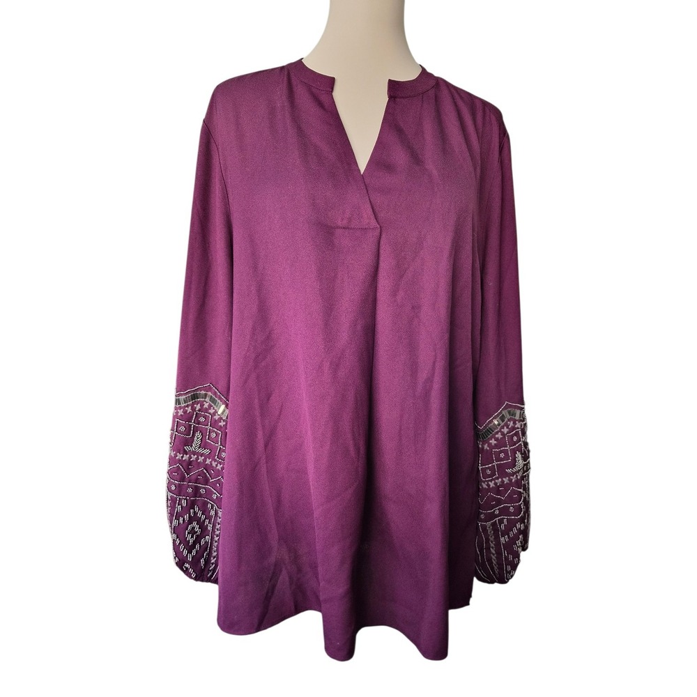 Chico's Embellished Sleeve‎ Blouse Purple Boysenberry Beaded Size 3 (US 16/18)